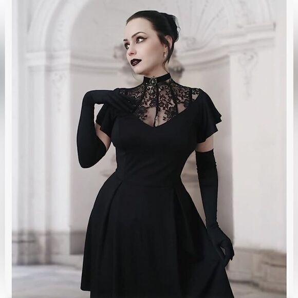 NWT Scarlet Darkness  Gothic Flutter Sleeve Lace Neck A-Line Dress Sz-24W - Picture 3 of 15